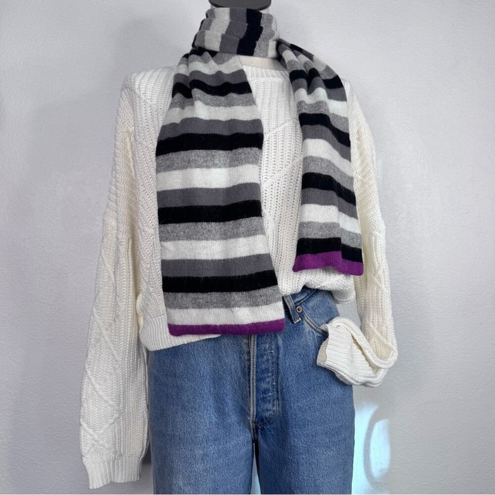 Scarf Rabbit Hair Blend Striped Gray Black White Purple Cozy Winter 61”X 7”
